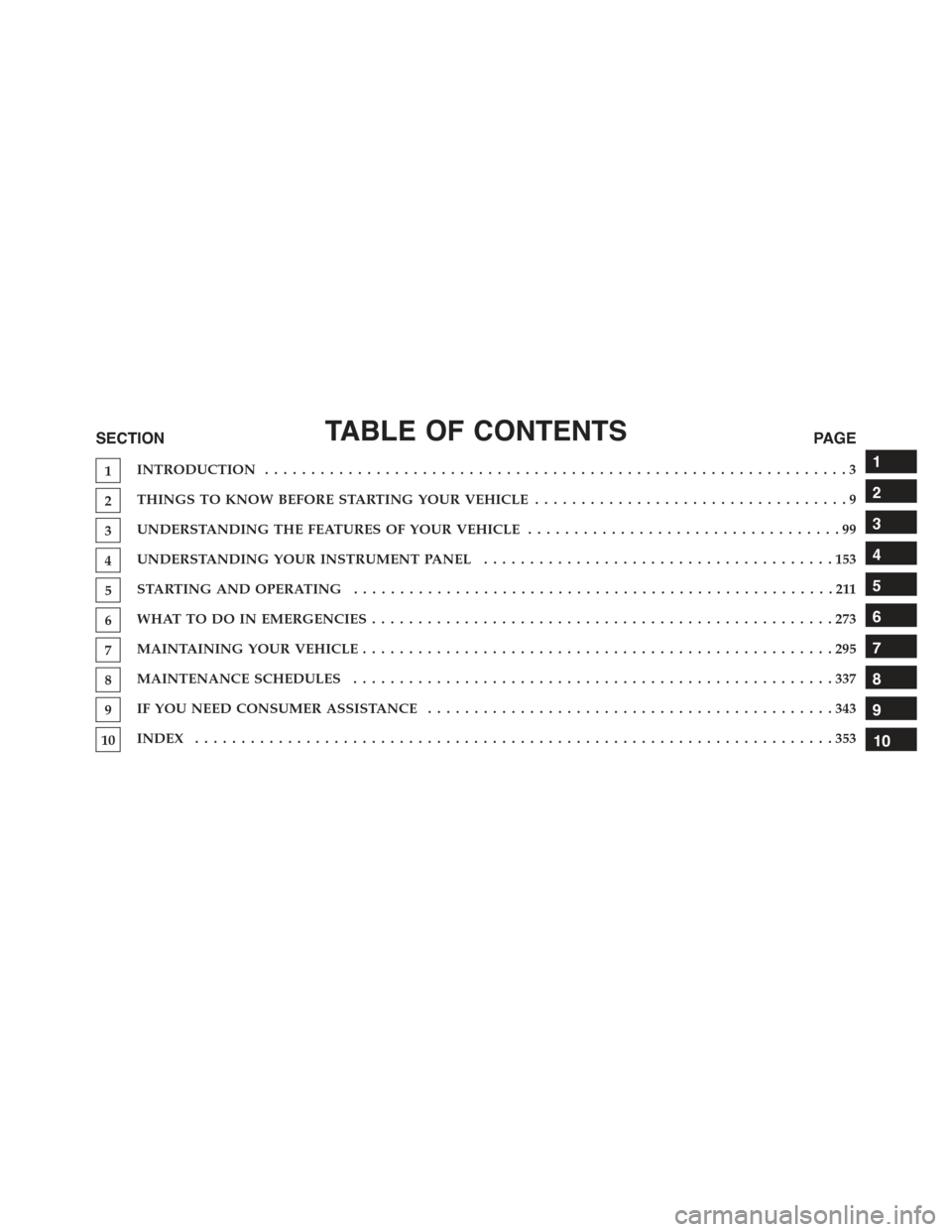 FIAT 500E 2015 2.G Owners Manual TABLE OF CONTENTSSECTIONPAGE
1INTRODUCTION ...............................................................3
2THINGS TO KNOW BEFORE STARTING YOUR VEHICLE..................................9
3UNDERSTANDI