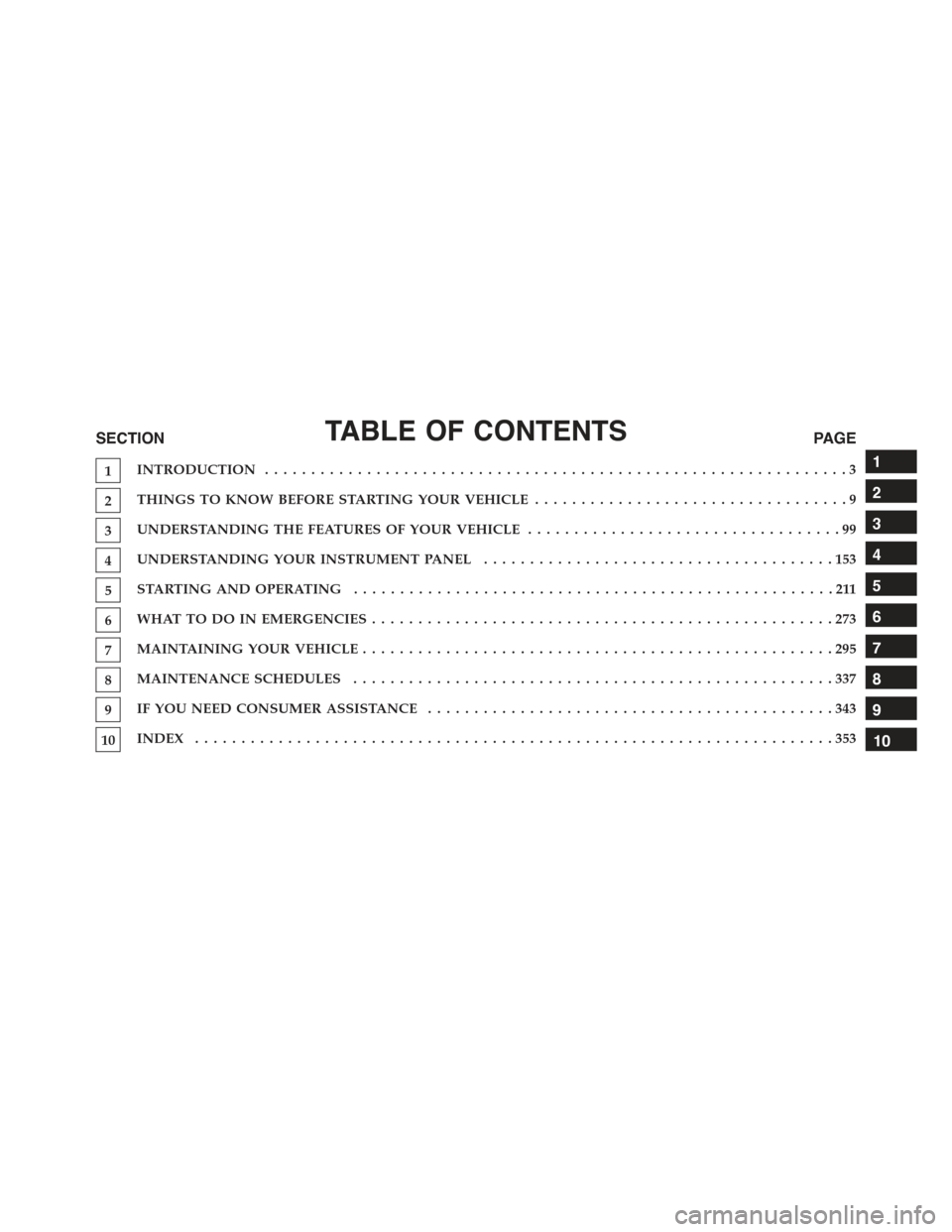 FIAT 500E 2015 2.G Owners Manual TABLE OF CONTENTSSECTIONPAGE
1INTRODUCTION ...............................................................3
2THINGS TO KNOW BEFORE STARTING YOUR VEHICLE..................................9
3UNDERSTANDI FIAT 500E 2015 2.G Owners Manual TABLE OF CONTENTSSECTIONPAGE
1INTRODUCTION ...............................................................3
2THINGS TO KNOW BEFORE STARTING YOUR VEHICLE..................................9
3UNDERSTANDI