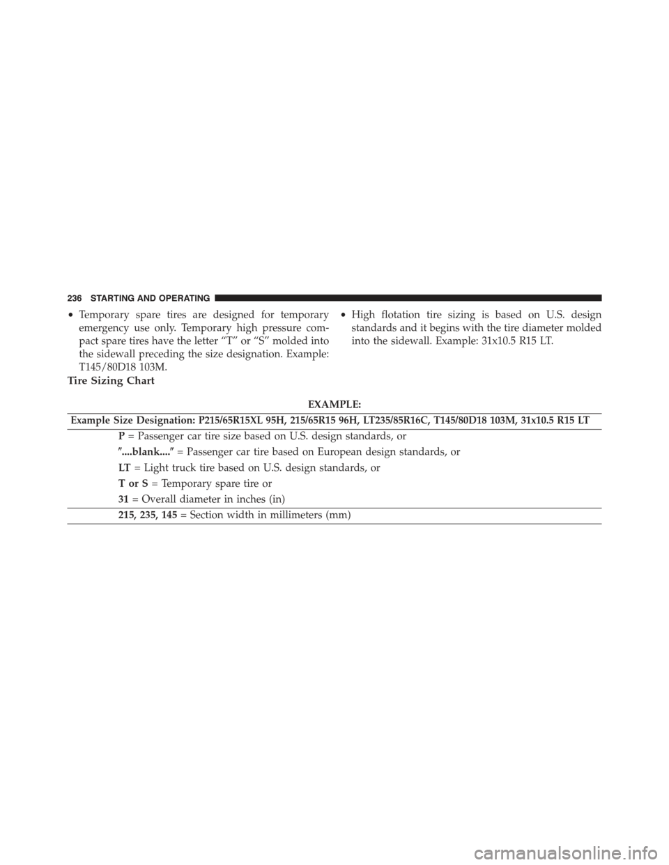 FIAT 500E 2015 2.G Owners Manual •Temporary spare tires are designed for temporary
emergency use only. Temporary high pressure com-
pact spare tires have the letter “T” or “S” molded into
the sidewall preceding the size des