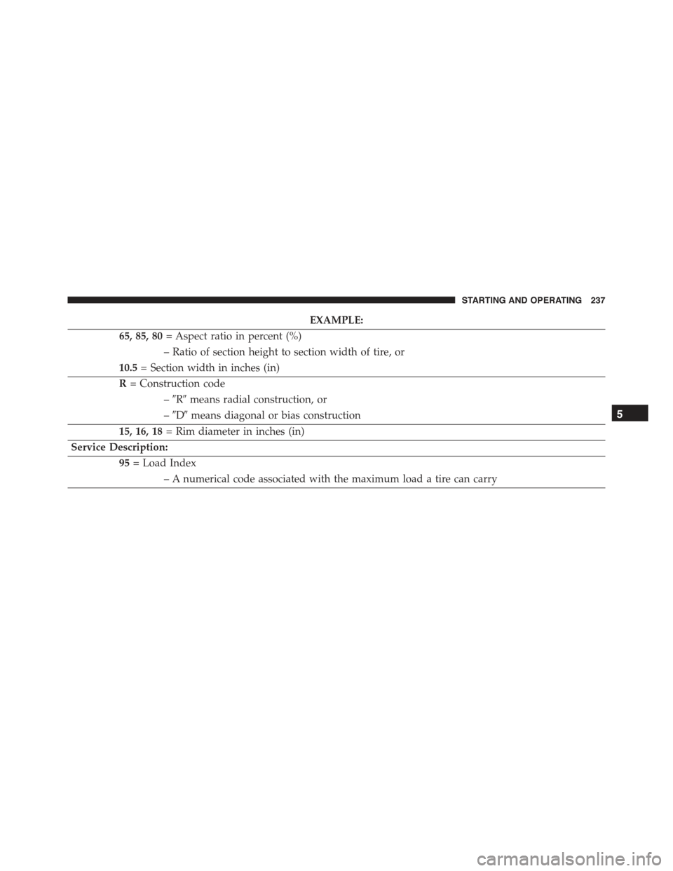 FIAT 500E 2015 2.G Owners Manual EXAMPLE:
65, 85, 80= Aspect ratio in percent (%)
– Ratio of section height to section width of tire, or
10.5= Section width in inches (in)
R= Construction code
–#R#means radial construction, or
FIAT 500E 2015 2.G Owners Manual EXAMPLE:
65, 85, 80= Aspect ratio in percent (%)
– Ratio of section height to section width of tire, or
10.5= Section width in inches (in)
R= Construction code
–#R#means radial construction, or