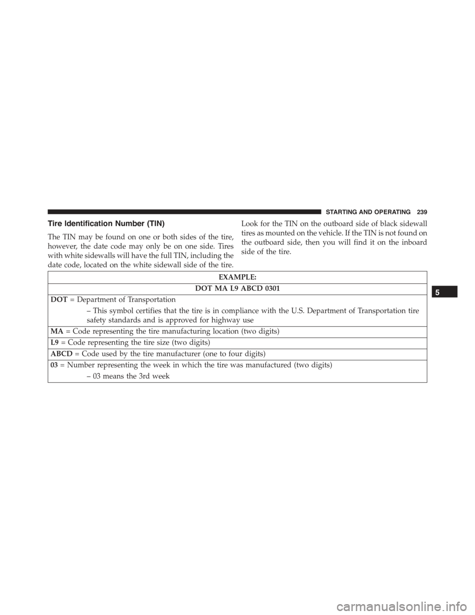 FIAT 500E 2015 2.G Owners Manual Tire Identification Number (TIN)
The TIN may be found on one or both sides of the tire,
however, the date code may only be on one side. Tires
with white sidewalls will have the full TIN, including the FIAT 500E 2015 2.G Owners Manual Tire Identification Number (TIN)
The TIN may be found on one or both sides of the tire,
however, the date code may only be on one side. Tires
with white sidewalls will have the full TIN, including the