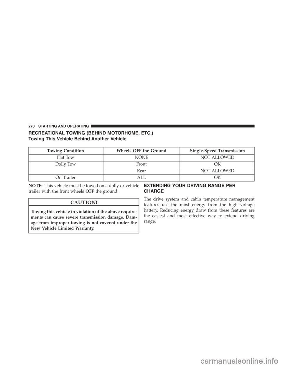 FIAT 500E 2015 2.G Owners Manual RECREATIONAL TOWING (BEHIND MOTORHOME, ETC.)
Towing This Vehicle Behind Another Vehicle
Towing ConditionWheels OFF the GroundSingle-Speed Transmission
Flat TowNONENOT ALLOWED
Dolly TowFrontOK
RearNOT FIAT 500E 2015 2.G Owners Manual RECREATIONAL TOWING (BEHIND MOTORHOME, ETC.)
Towing This Vehicle Behind Another Vehicle
Towing ConditionWheels OFF the GroundSingle-Speed Transmission
Flat TowNONENOT ALLOWED
Dolly TowFrontOK
RearNOT