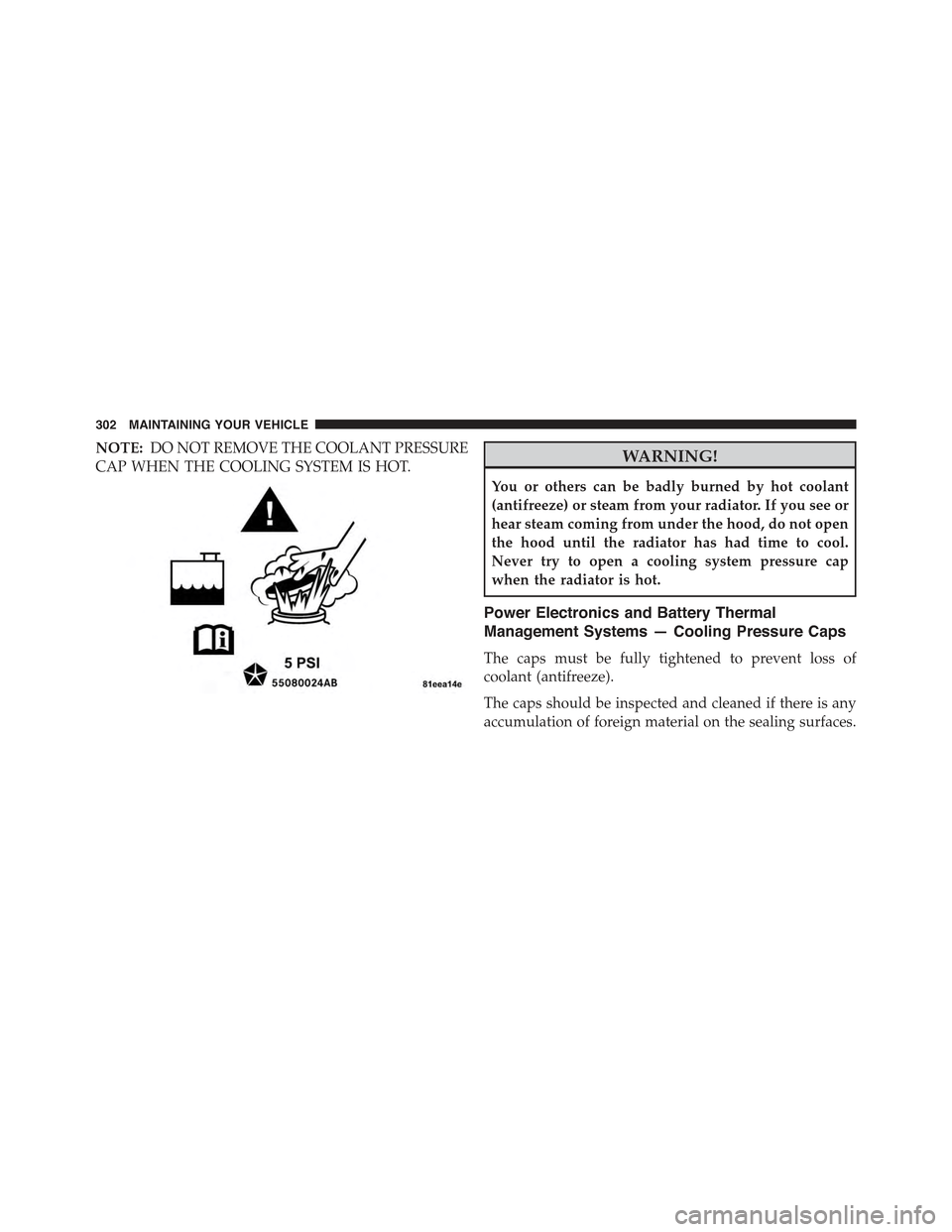 FIAT 500E 2015 2.G Owners Manual NOTE:DO NOT REMOVE THE COOLANT PRESSURE
CAP WHEN THE COOLING SYSTEM IS HOT.WARNING!
You or others can be badly burned by hot coolant
(antifreeze) or steam from your radiator. If you see or
hear steam 