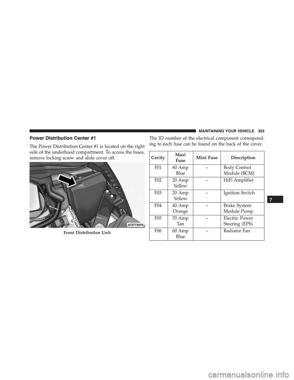 FIAT 500E 2015 2.G Owners Manual Power Distribution Center #1
The Power Distribution Center #1 is located on the right
side of the underhood compartment. To access the fuses,
remove locking screw and slide cover off.
The ID number of