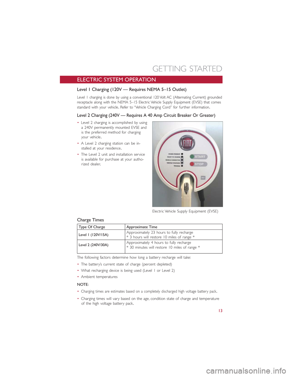 FIAT 500E 2015 2.G User Guide ELECTRIC SYSTEM OPERATION
Level 1 Charging (120V — Requires NEMA 5–15 Outlet)
Level 1 charging is done by using a conventional 120 Volt AC (Alternating Current) grounded
receptacle along with the FIAT 500E 2015 2.G User Guide ELECTRIC SYSTEM OPERATION
Level 1 Charging (120V — Requires NEMA 5–15 Outlet)
Level 1 charging is done by using a conventional 120 Volt AC (Alternating Current) grounded
receptacle along with the