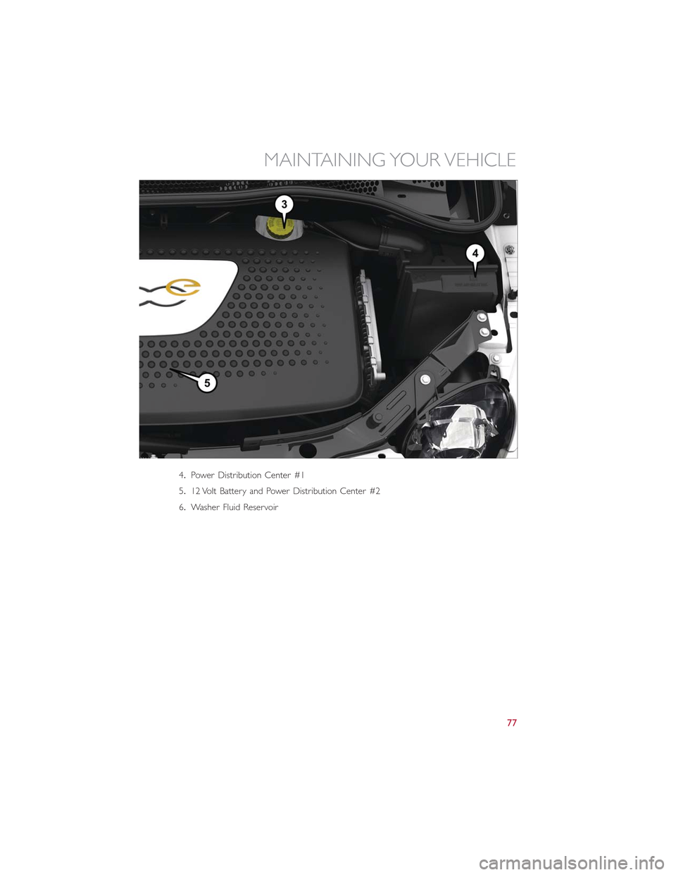 FIAT 500E 2015 2.G Owners Manual 4.Power Distribution Center #1
5.12 Volt Battery and Power Distribution Center #2
6.Washer Fluid Reservoir
MAINTAINING YOUR VEHICLE
77 FIAT 500E 2015 2.G Owners Manual 4.Power Distribution Center #1
5.12 Volt Battery and Power Distribution Center #2
6.Washer Fluid Reservoir
MAINTAINING YOUR VEHICLE
77