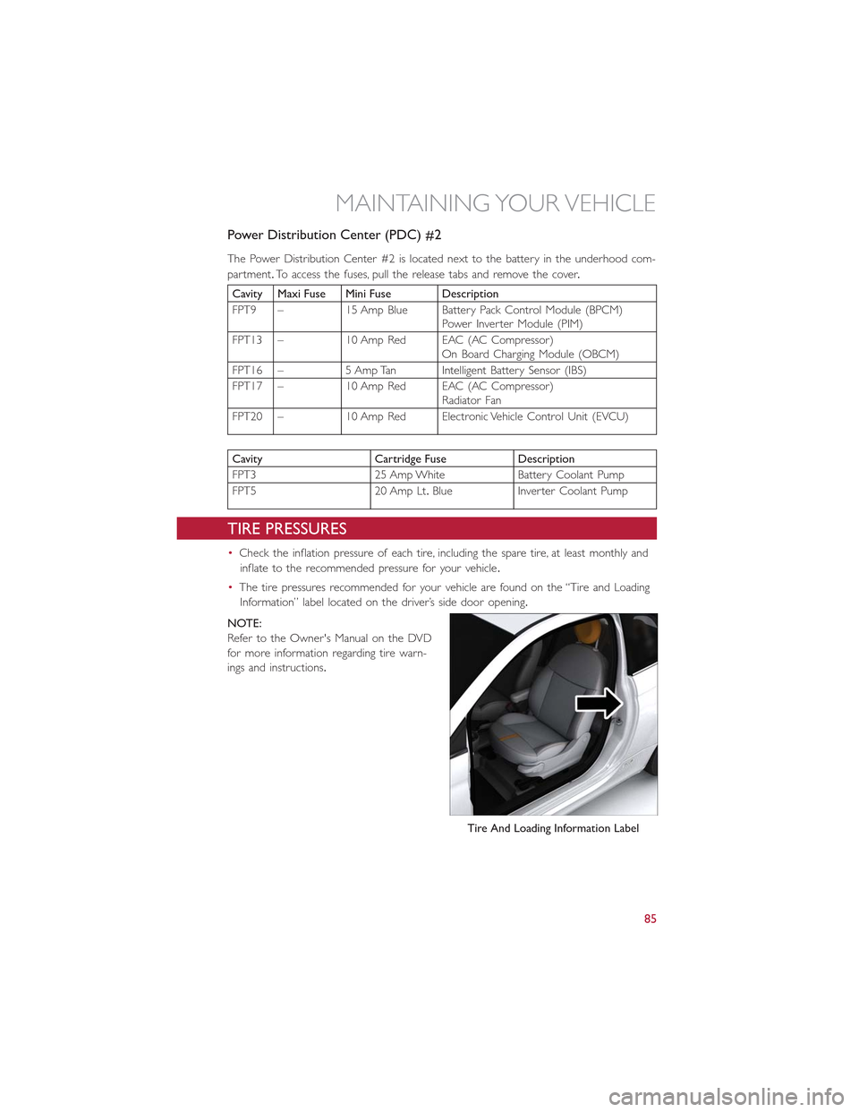 FIAT 500E 2015 2.G User Guide Power Distribution Center (PDC) #2
The Power Distribution Center #2 is located next to the battery in the underhood com-
partment.To access the fuses, pull the release tabs and remove the cover.
Cavit