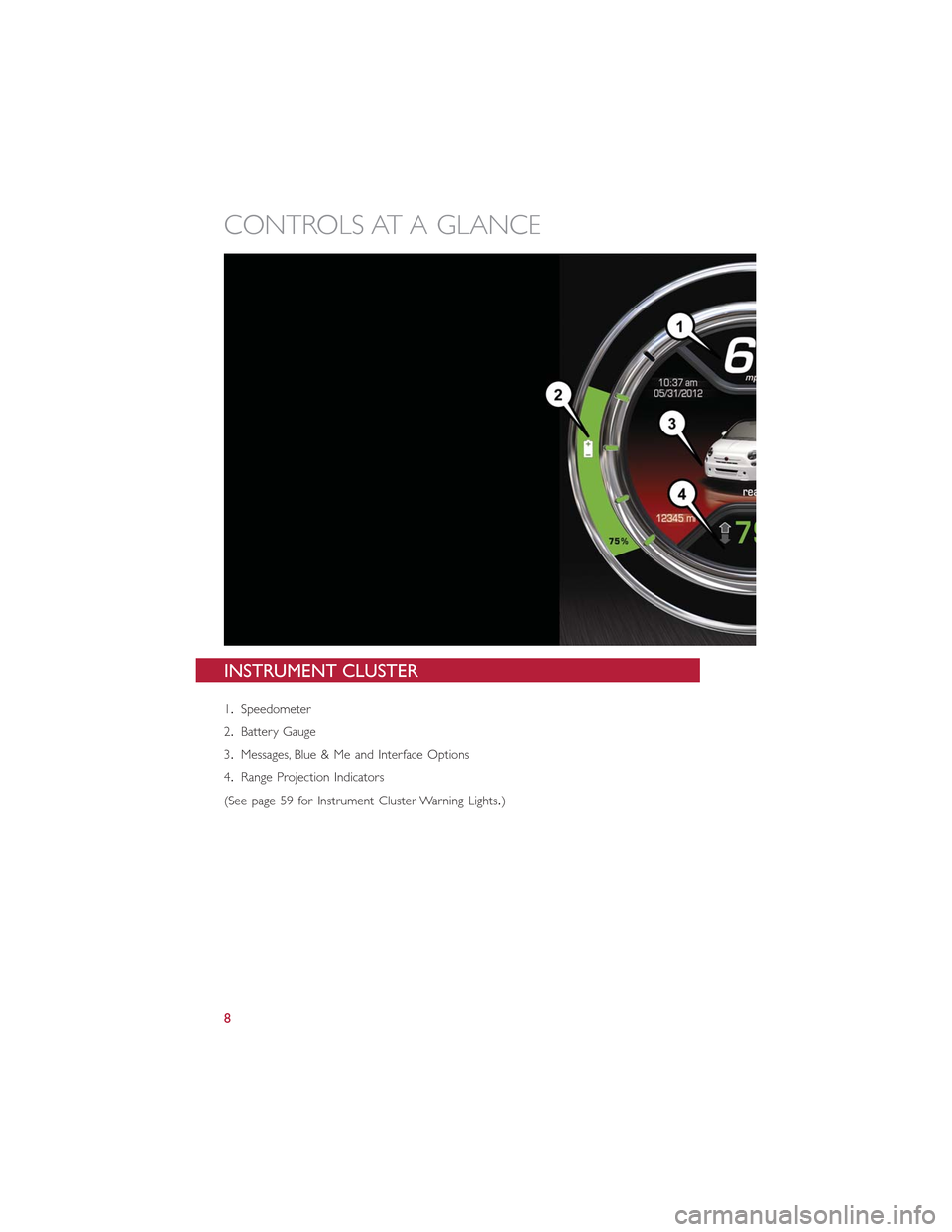 FIAT 500E 2015 2.G User Guide INSTRUMENT CLUSTER
1.Speedometer
2.Battery Gauge
3.Messages, Blue & Me and Interface Options
4.Range Projection Indicators
(See page 59 for Instrument Cluster Warning Lights.)
CONTROLS AT A GLANCE
8 