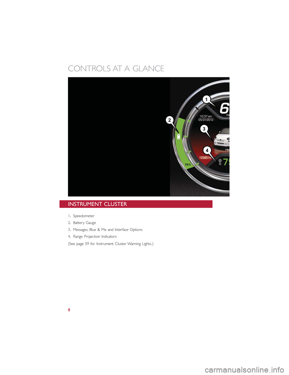 FIAT 500E 2015 2.G User Guide INSTRUMENT CLUSTER
1.Speedometer
2.Battery Gauge
3.Messages, Blue & Me and Interface Options
4.Range Projection Indicators
(See page 59 for Instrument Cluster Warning Lights.)
CONTROLS AT A GLANCE
8 FIAT 500E 2015 2.G User Guide INSTRUMENT CLUSTER
1.Speedometer
2.Battery Gauge
3.Messages, Blue & Me and Interface Options
4.Range Projection Indicators
(See page 59 for Instrument Cluster Warning Lights.)
CONTROLS AT A GLANCE
8