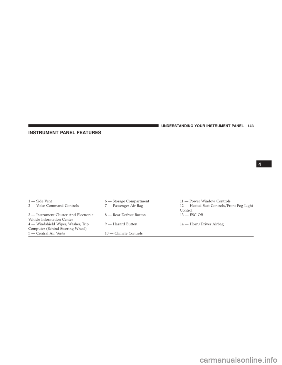 FIAT 500E 2016 2.G Owners Manual INSTRUMENT PANEL FEATURES
1 — Side Vent6 — Storage Compartment11 — Power Window Controls
2 — Voice Command Controls 7 — Passenger Air Bag12 — Heated Seat Controls/Front Fog Light
Control
3