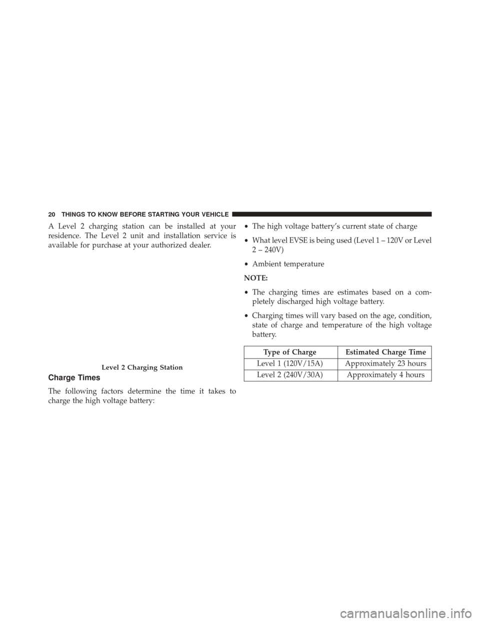 FIAT 500E 2016 2.G Owners Manual A Level 2 charging station can be installed at your
residence. The Level 2 unit and installation service is
available for purchase at your authorized dealer.
Charge Times
The following factors determi