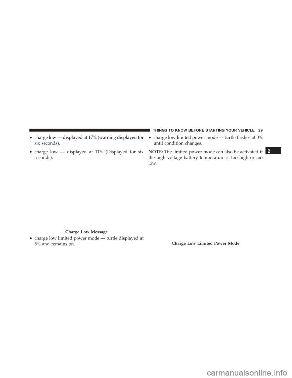 FIAT 500E 2016 2.G Owners Manual •charge low — displayed at 17% (warning displayed for
six seconds).
• charge low — displayed at 11% (Displayed for six
seconds).
• charge low limited power mode — turtle displayed at
5% an