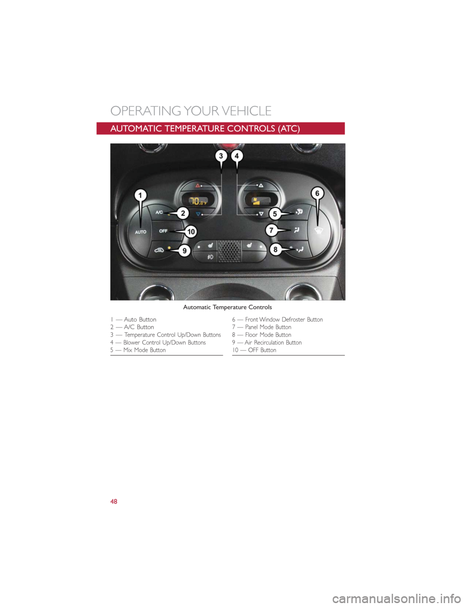 FIAT 500E 2016 2.G Service Manual AUTOMATIC TEMPERATURE CONTROLS (ATC)
Automatic Temperature Controls
1 — Auto Button
2 — A/C Button
3—
Temperature Control Up/Down Buttons
4 — Blower Control Up/Down Buttons
5 — Mix Mode Butt FIAT 500E 2016 2.G Service Manual AUTOMATIC TEMPERATURE CONTROLS (ATC)
Automatic Temperature Controls
1 — Auto Button
2 — A/C Button
3—
Temperature Control Up/Down Buttons
4 — Blower Control Up/Down Buttons
5 — Mix Mode Butt