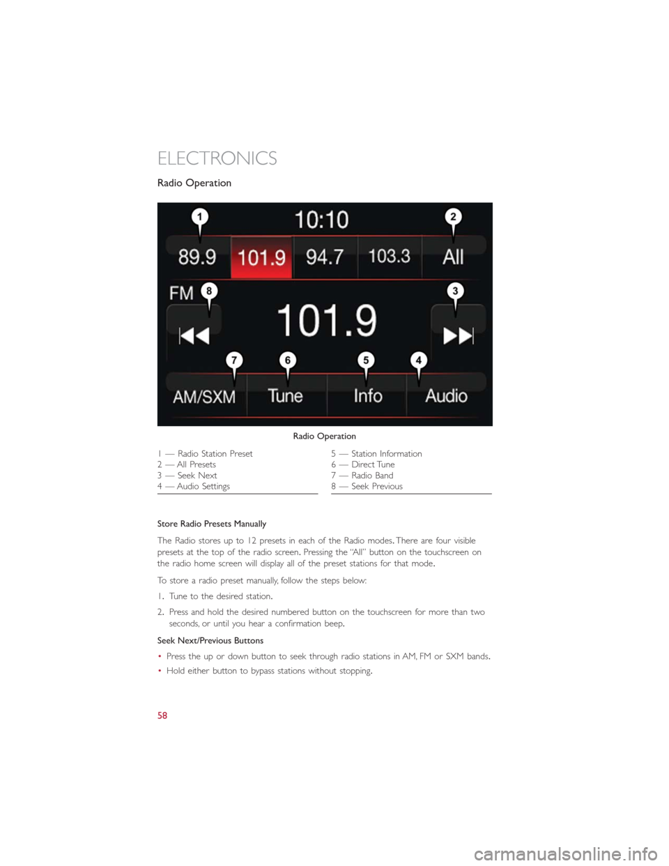 FIAT 500E 2016 2.G User Guide Radio Operation
Store Radio Presets Manually
The Radio stores up to 12 presets in each of the Radio modes.There are four visible
presets at the top of the radio screen.Pressing the “All” button on