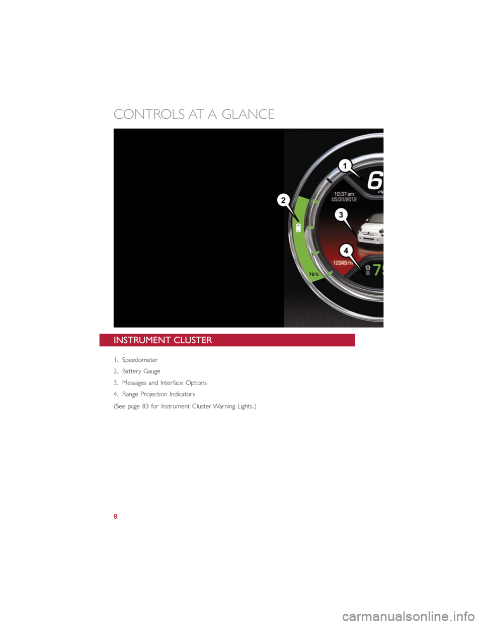 FIAT 500E 2016 2.G User Guide INSTRUMENT CLUSTER
1.Speedometer
2.Battery Gauge
3.Messages and Interface Options
4.Range Projection Indicators
(See page 83 for Instrument Cluster Warning Lights.)
CONTROLS AT A GLANCE
8 