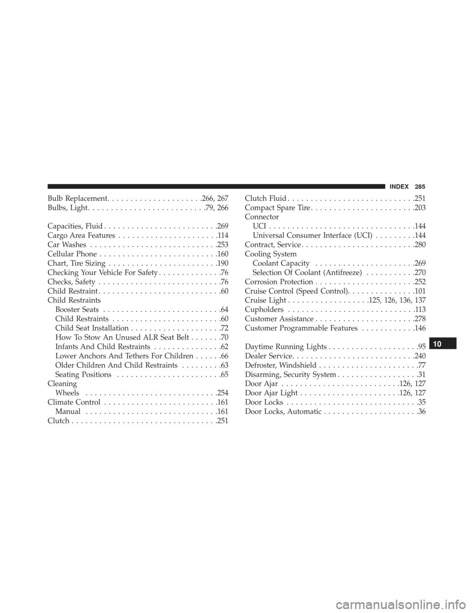 FIAT 500E 2017 2.G Owners Manual Bulb Replacement.....................266, 267
Bulbs, Light ......................... .79, 266
Capacities, Fluid ........................ .269
Cargo Area Features ......................114
Car Washes . FIAT 500E 2017 2.G Owners Manual Bulb Replacement.....................266, 267
Bulbs, Light ......................... .79, 266
Capacities, Fluid ........................ .269
Cargo Area Features ......................114
Car Washes .