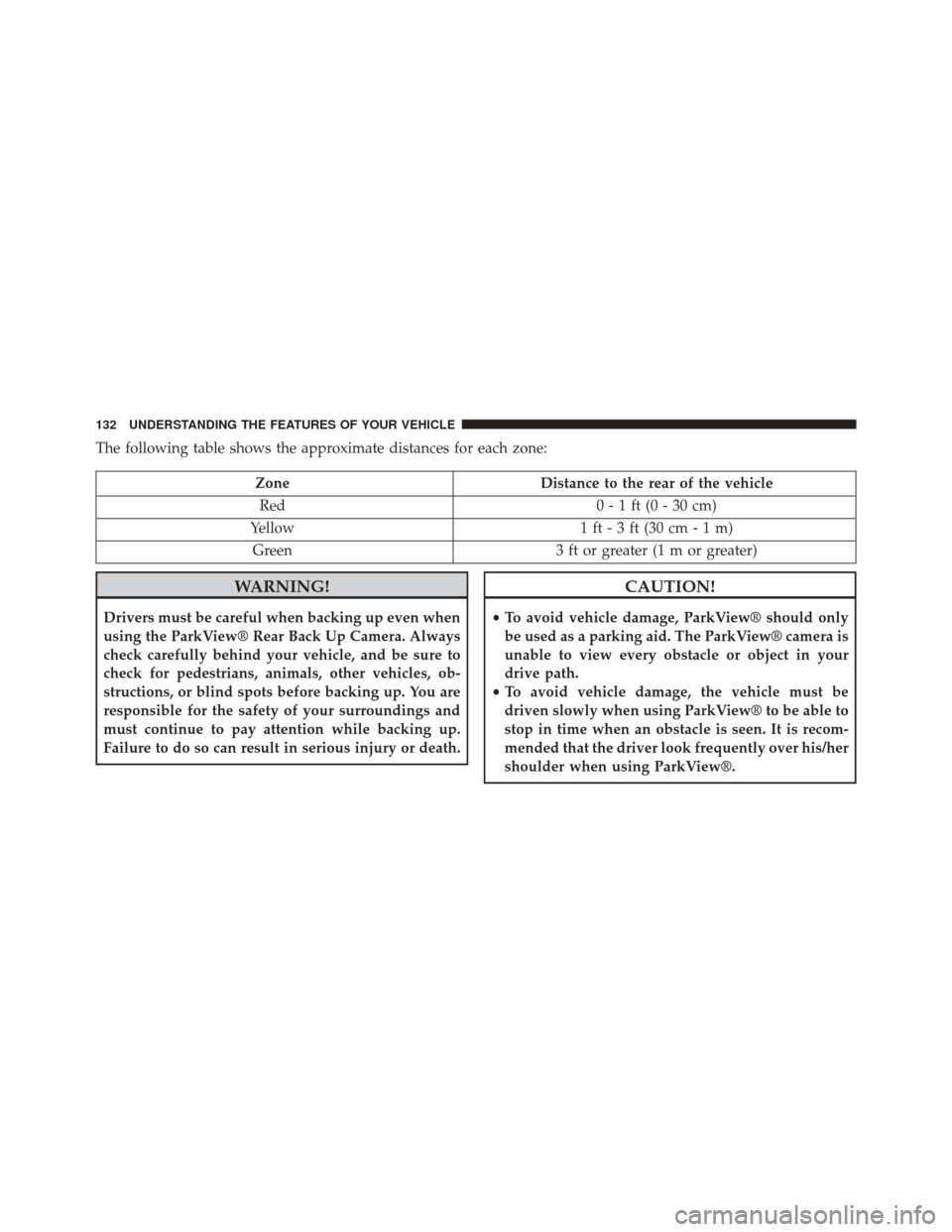 FIAT 500L 2014 2.G Owners Manual The following table shows the approximate distances for each zone:
ZoneDistance to the rear of the vehicle
Red 0 - 1 ft (0 - 30 cm)
Yellow 1 ft - 3 ft (30 cm - 1 m)
Green 3 ft or greater (1 m or great