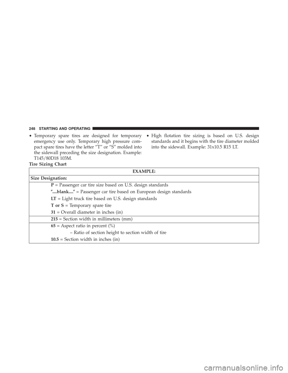 FIAT 500L 2014 2.G Owners Manual •Temporary spare tires are designed for temporary
emergency use only. Temporary high pressure com-
pact spare tires have the letter “T” or “S” molded into
the sidewall preceding the size des