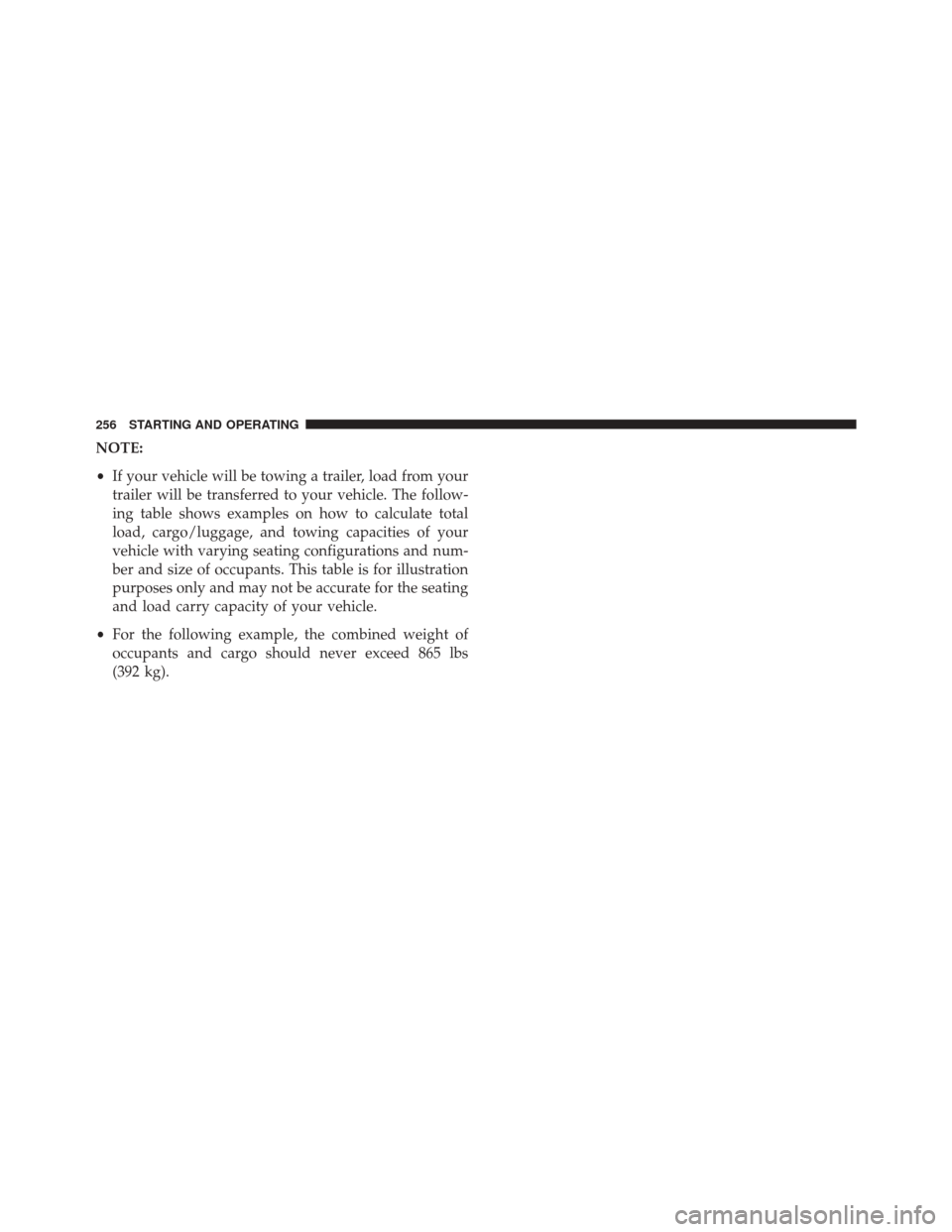 FIAT 500L 2014 2.G Owners Manual NOTE:
•If your vehicle will be towing a trailer, load from your
trailer will be transferred to your vehicle. The follow-
ing table shows examples on how to calculate total
load, cargo/luggage, and t