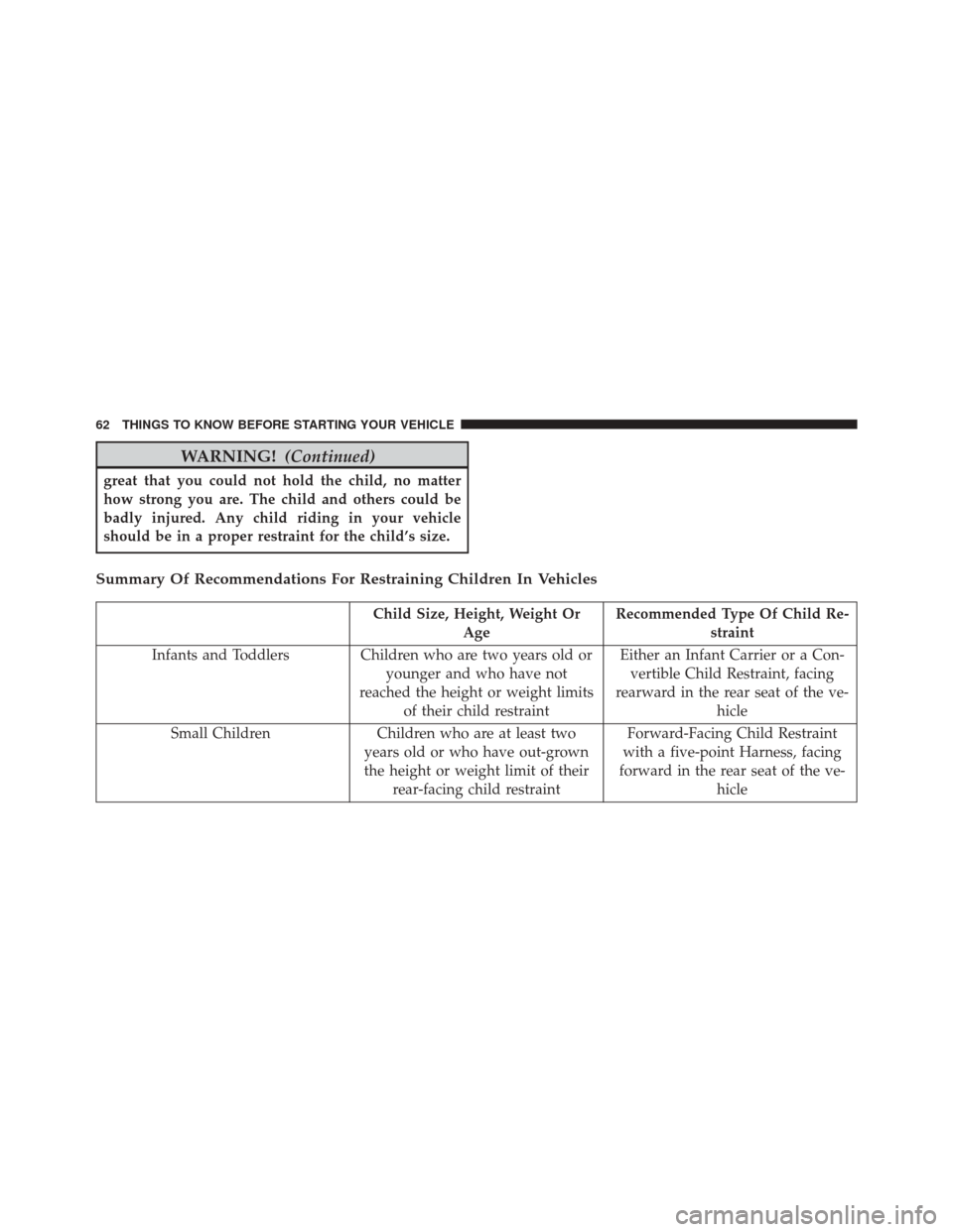 FIAT 500L 2014 2.G Repair Manual WARNING!(Continued)
great that you could not hold the child, no matter
how strong you are. The child and others could be
badly injured. Any child riding in your vehicle
should be in a proper restraint FIAT 500L 2014 2.G Repair Manual WARNING!(Continued)
great that you could not hold the child, no matter
how strong you are. The child and others could be
badly injured. Any child riding in your vehicle
should be in a proper restraint