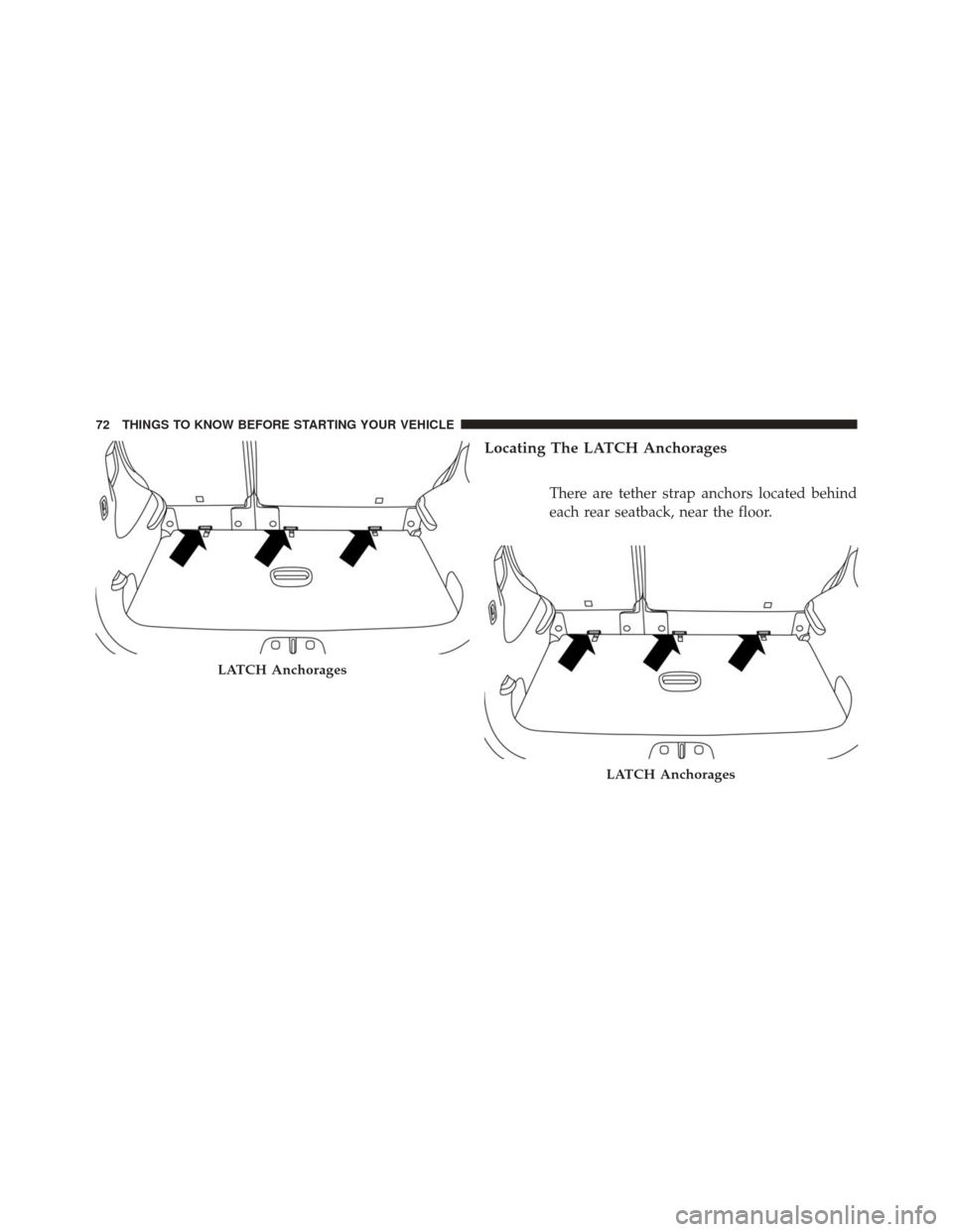 FIAT 500L 2014 2.G Manual PDF Locating The LATCH Anchorages
There are tether strap anchors located behind
each rear seatback, near the floor.
LATCH Anchorages
LATCH Anchorages
72 THINGS TO KNOW BEFORE STARTING YOUR VEHICLE FIAT 500L 2014 2.G Manual PDF Locating The LATCH Anchorages
There are tether strap anchors located behind
each rear seatback, near the floor.
LATCH Anchorages
LATCH Anchorages
72 THINGS TO KNOW BEFORE STARTING YOUR VEHICLE