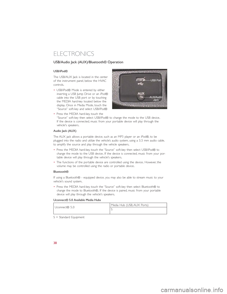 FIAT 500L 2014 2.G User Guide USB/Audio Jack (AUX)/Bluetooth® Operation
USB/iPod®
The USB/AUX Jack is located in the center
of the instrument panel, below the HVAC
controls.
•USB/iPod® Mode is entered by either
inserting a US FIAT 500L 2014 2.G User Guide USB/Audio Jack (AUX)/Bluetooth® Operation
USB/iPod®
The USB/AUX Jack is located in the center
of the instrument panel, below the HVAC
controls.
•USB/iPod® Mode is entered by either
inserting a US