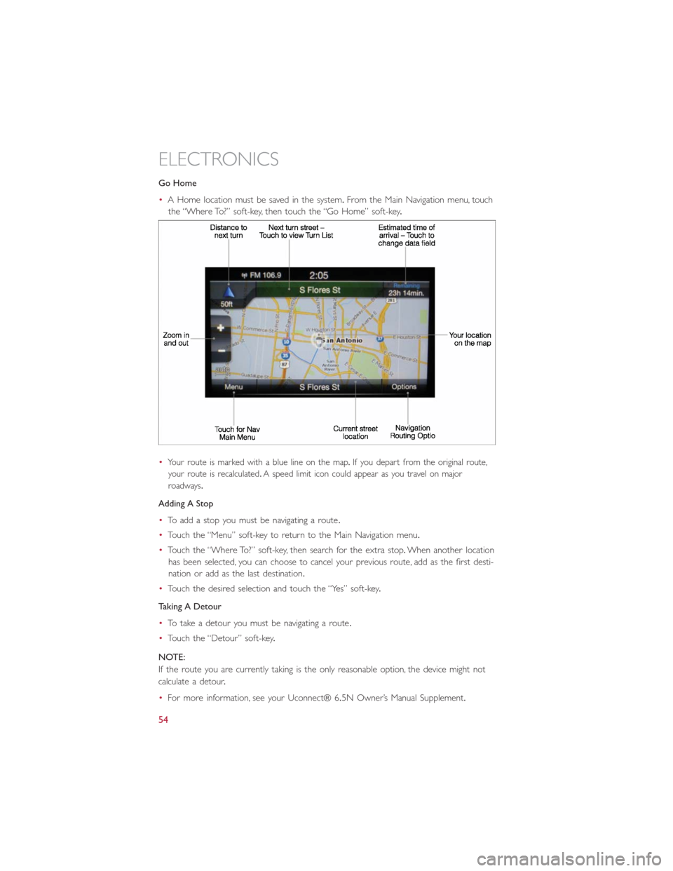 FIAT 500L 2014 2.G User Guide Go Home
•A Home location must be saved in the system.From the Main Navigation menu, touch
the “Where To?” soft-key, then touch the “Go Home” soft-key.
•
Your route is marked with a blue li