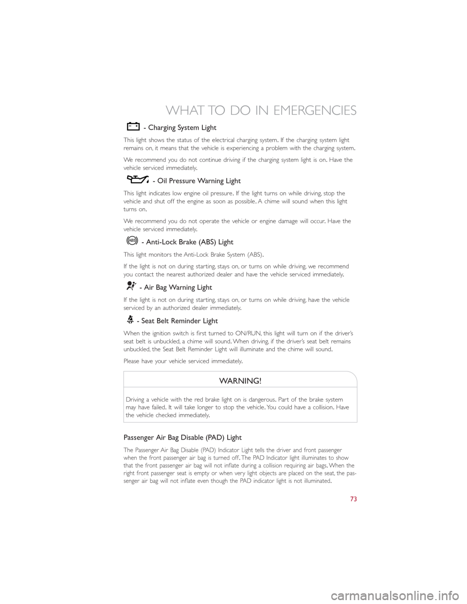 FIAT 500L 2014 2.G User Guide - Charging System Light
This light shows the status of the electrical charging system.If the charging system light
remains on, it means that the vehicle is experiencing a problem with the charging sys