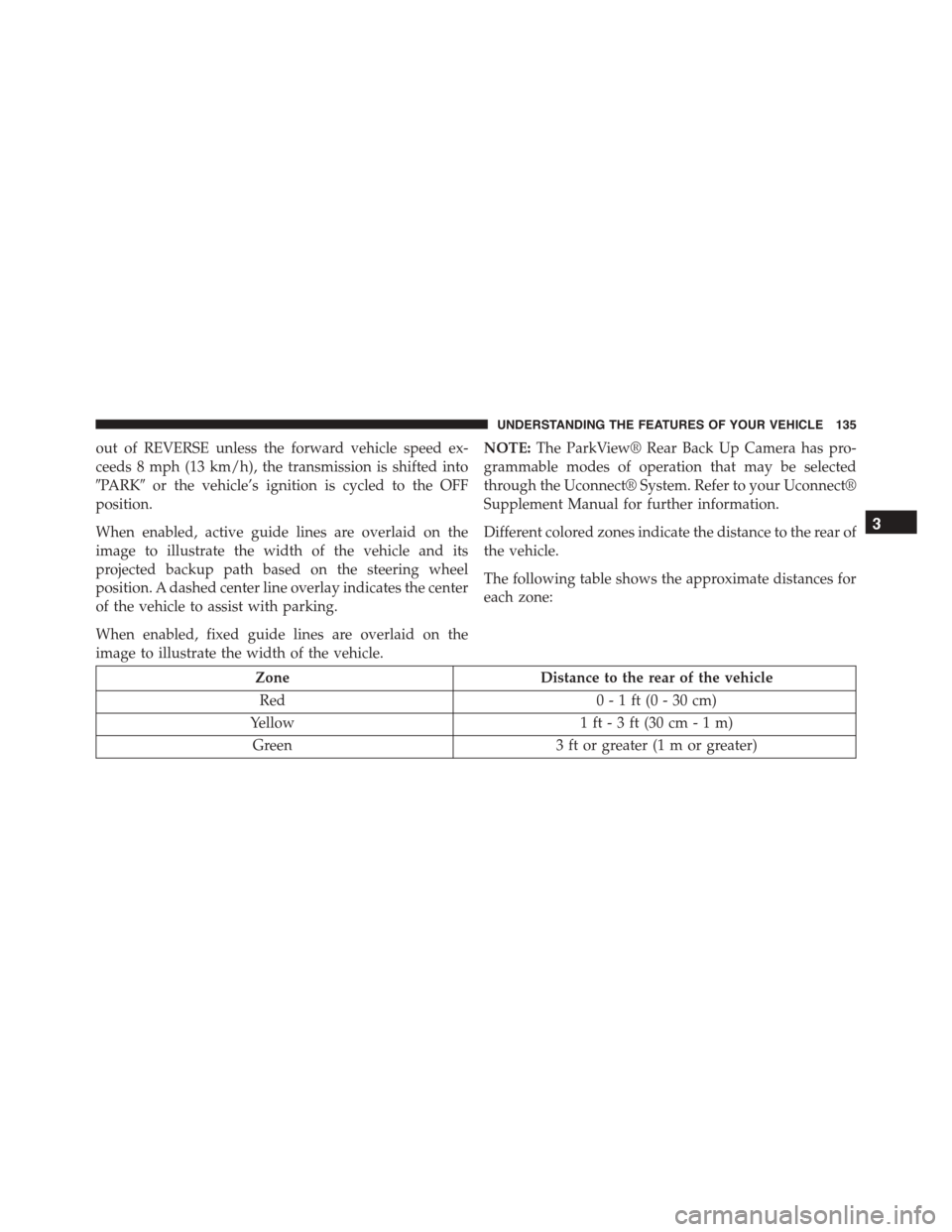 FIAT 500L 2015 2.G Owners Manual out of REVERSE unless the forward vehicle speed ex-
ceeds 8 mph (13 km/h), the transmission is shifted into
#PARK#or the vehicle’s ignition is cycled to the OFF
position.
When enabled, active guide 