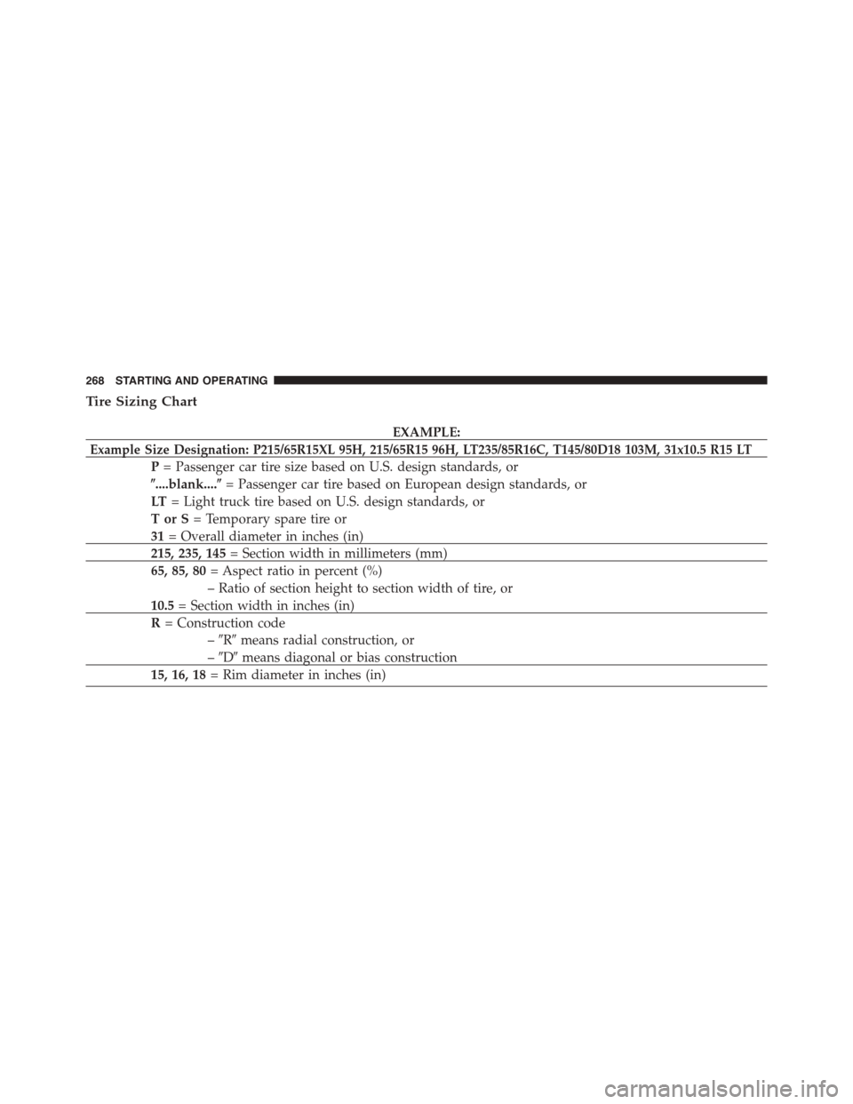 FIAT 500L 2015 2.G Owners Manual Tire Sizing Chart
EXAMPLE:
Example Size Designation: P215/65R15XL 95H, 215/65R15 96H, LT235/85R16C, T145/80D18 103M, 31x10.5 R15 LT
P= Passenger car tire size based on U.S. design standards, or
%....b