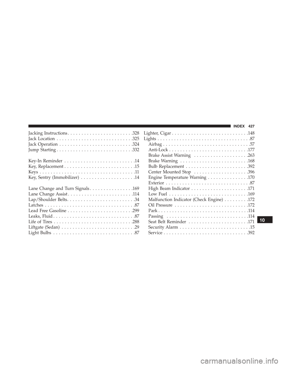 FIAT 500L 2015 2.G Owners Manual Jacking Instructions........................328
Jack Location............................325
Jack Operation...........................324
Jump Starting............................332
Key-In Reminder..