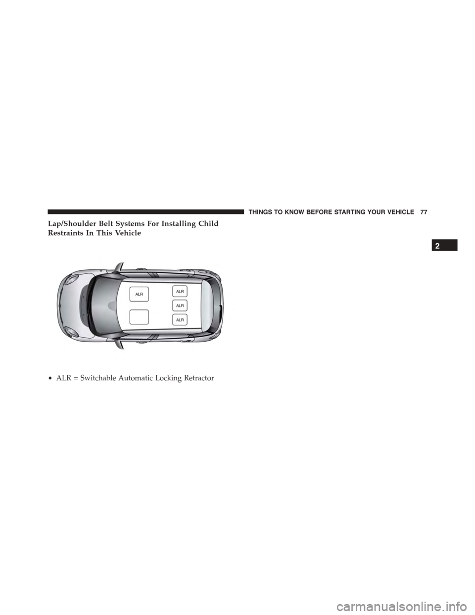 FIAT 500L 2015 2.G Manual PDF Lap/Shoulder Belt Systems For Installing Child
Restraints In This Vehicle
•ALR = Switchable Automatic Locking Retractor
2
THINGS TO KNOW BEFORE STARTING YOUR VEHICLE 77 FIAT 500L 2015 2.G Manual PDF Lap/Shoulder Belt Systems For Installing Child
Restraints In This Vehicle
•ALR = Switchable Automatic Locking Retractor
2
THINGS TO KNOW BEFORE STARTING YOUR VEHICLE 77
