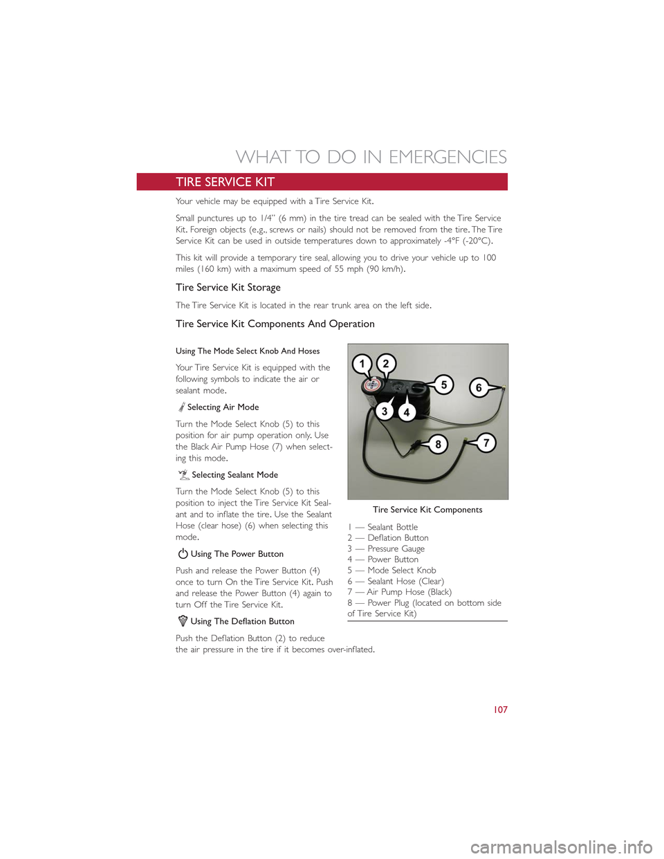 FIAT 500L 2015 2.G User Guide TIRE SERVICE KIT
Your vehicle may be equipped with a Tire Service Kit.
Small punctures up to 1/4” (6 mm) in the tire tread can be sealed with the Tire Service
Kit.Foreign objects (e.g., screws or na FIAT 500L 2015 2.G User Guide TIRE SERVICE KIT
Your vehicle may be equipped with a Tire Service Kit.
Small punctures up to 1/4” (6 mm) in the tire tread can be sealed with the Tire Service
Kit.Foreign objects (e.g., screws or na