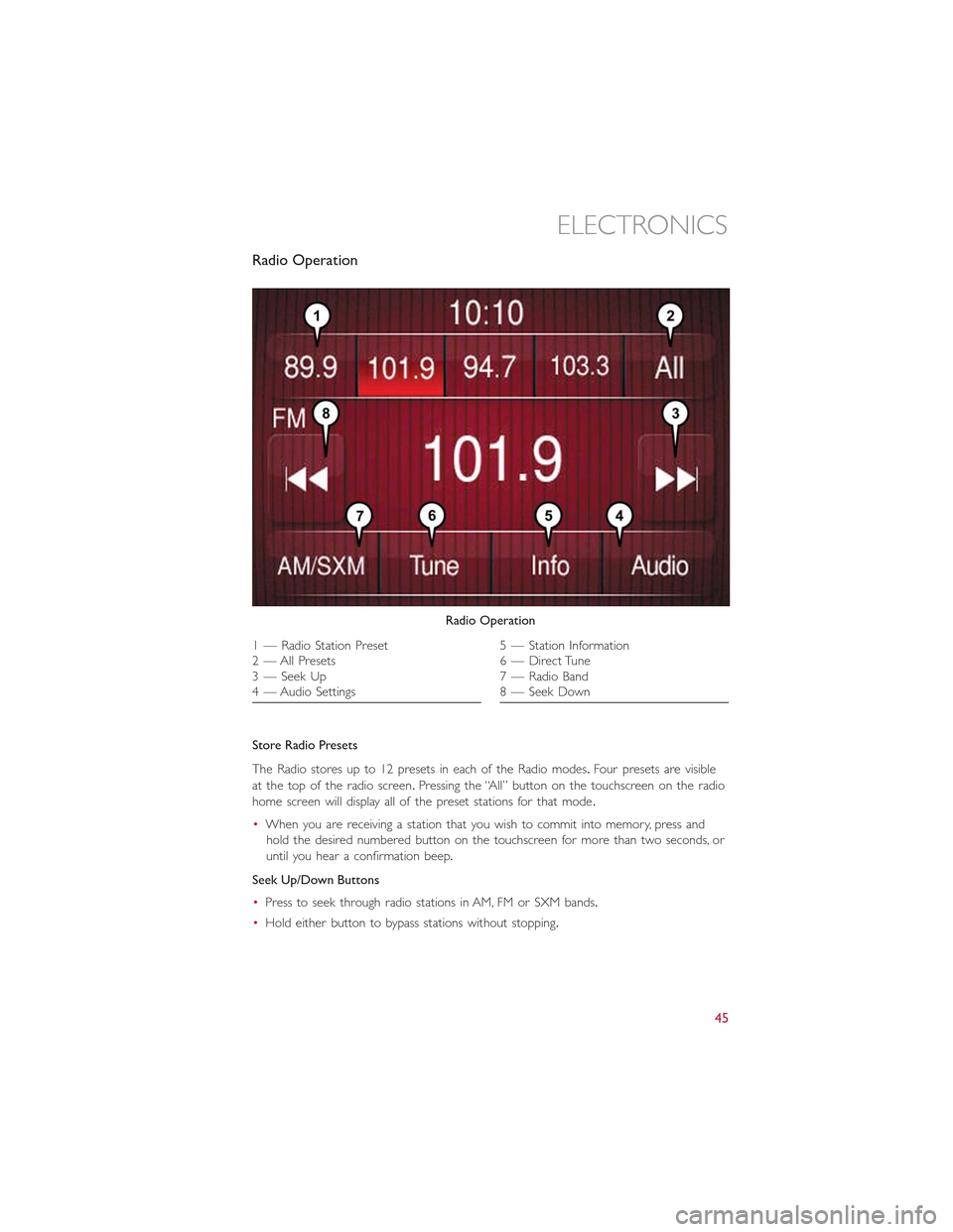 FIAT 500L 2015 2.G User Guide Radio Operation
Store Radio Presets
The Radio stores up to 12 presets in each of the Radio modes.Four presets are visible
at the top of the radio screen.Pressing the “All” button on the touchscree FIAT 500L 2015 2.G User Guide Radio Operation
Store Radio Presets
The Radio stores up to 12 presets in each of the Radio modes.Four presets are visible
at the top of the radio screen.Pressing the “All” button on the touchscree