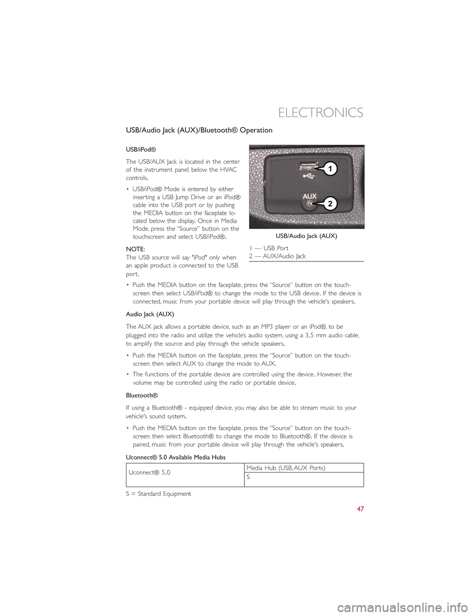 FIAT 500L 2015 2.G User Guide USB/Audio Jack (AUX)/Bluetooth® Operation
USB/iPod®
The USB/AUX Jack is located in the center
of the instrument panel, below the HVAC
controls.
•USB/iPod® Mode is entered by either
inserting a US