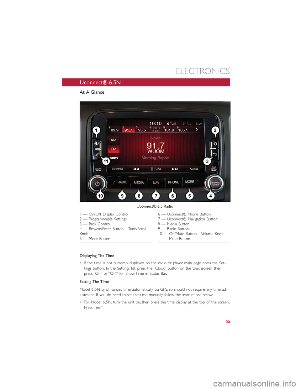 FIAT 500L 2015 2.G User Guide Uconnect® 6.5N
At A Glance
Displaying The Time
•If the time is not currently displayed on the radio or player main page press the Set-
tings button.In the Settings list, press the “Clock” butto