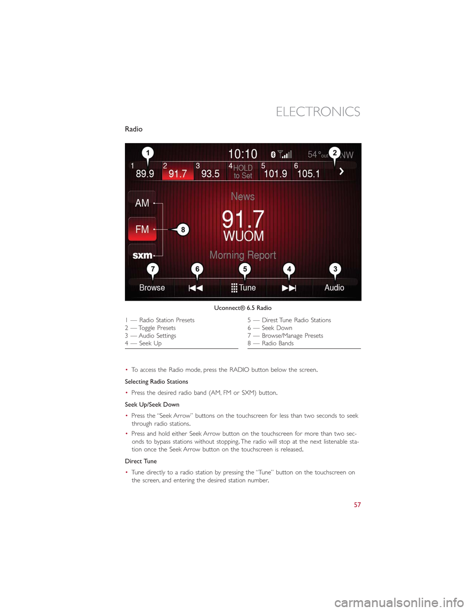 FIAT 500L 2015 2.G User Guide Radio
•To access the Radio mode, press the RADIO button below the screen.
Selecting Radio Stations
•Press the desired radio band (AM, FM or SXM) button.
Seek Up/Seek Down
•Press the “Seek Arro FIAT 500L 2015 2.G User Guide Radio
•To access the Radio mode, press the RADIO button below the screen.
Selecting Radio Stations
•Press the desired radio band (AM, FM or SXM) button.
Seek Up/Seek Down
•Press the “Seek Arro