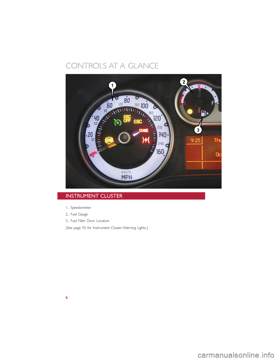 FIAT 500L 2015 2.G User Guide INSTRUMENT CLUSTER
1.Speedometer
2.Fuel Gauge
3.Fuel Filler Door Location
(See page 92 for Instrument Cluster Warning Lights.)
CONTROLS AT A GLANCE
6 
