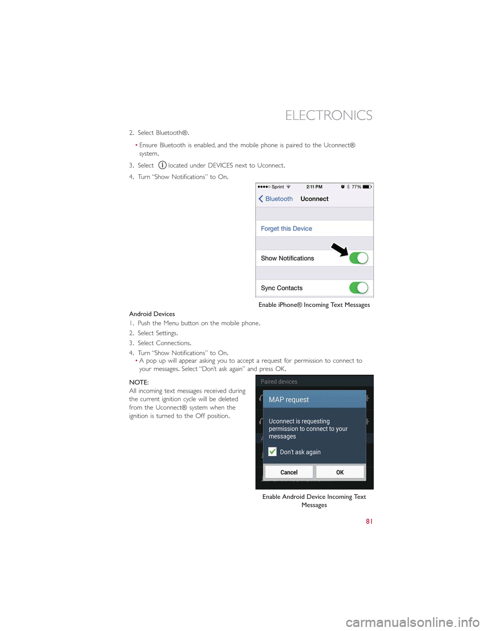 FIAT 500L 2015 2.G Owners Manual 2.Select Bluetooth®.
•Ensure Bluetooth is enabled, and the mobile phone is paired to the Uconnect®
system.
3.Selectlocated under DEVICES next to Uconnect.
4.Turn “Show Notifications” to On.
An