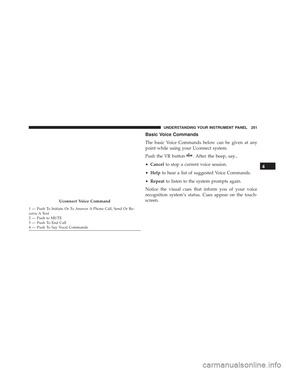 FIAT 500L 2016 2.G Owners Manual Basic Voice Commands
The basic Voice Commands below can be given at any
point while using your Uconnect system.
Push the VR button
. After the beep, say
•Cancel to stop a current voice session.
•