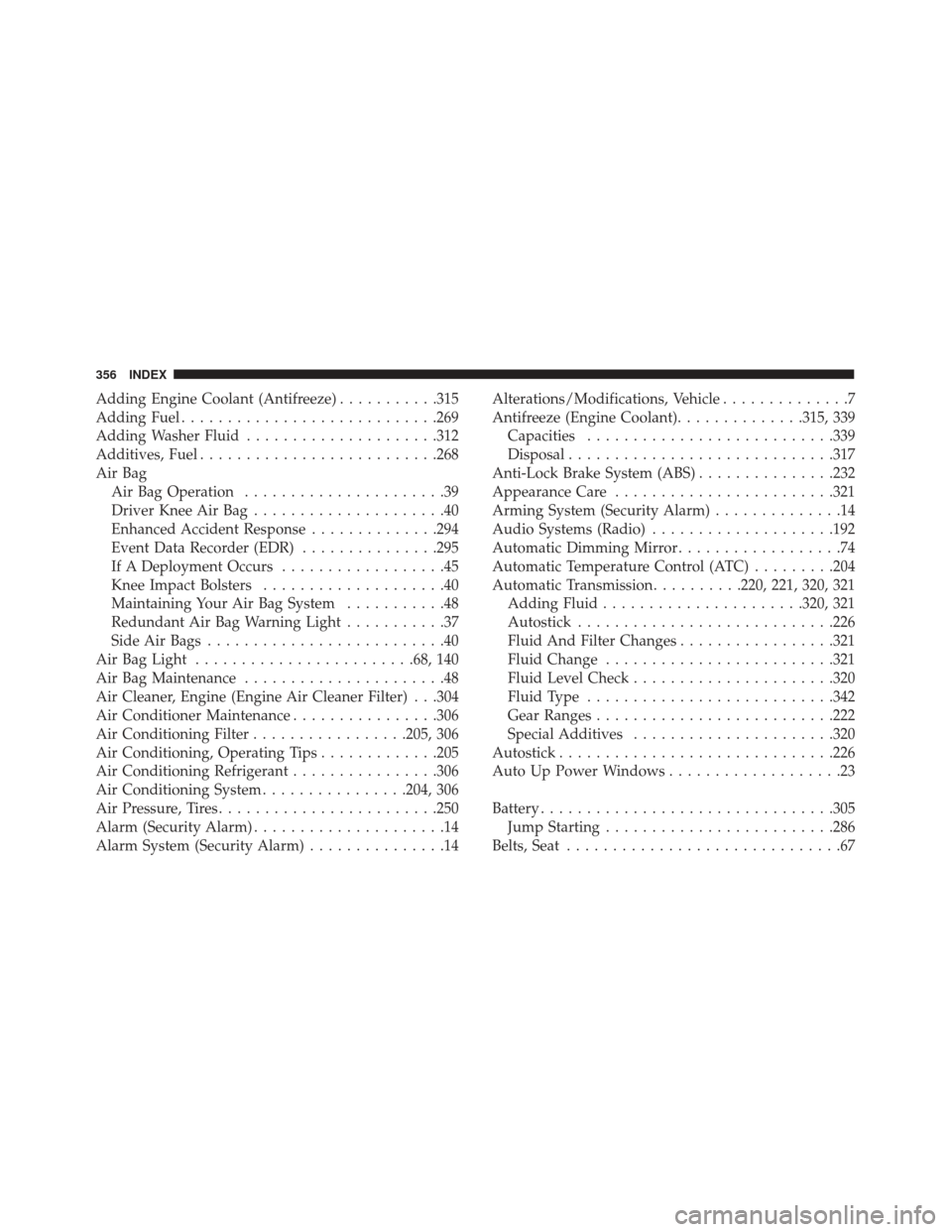 FIAT 500L 2017 2.G Owners Manual Adding Engine Coolant (Antifreeze)...........315
Adding Fuel ............................269
Adding Washer Fluid .....................312
Additives, Fuel ..........................268
Air Bag Air Bag 