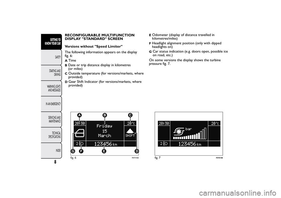 FIAT 500L LIVING 2014 2.G Owners Manual RECONFIGURABLE MULTIFUNCTION
DISPLAY "STANDARD" SCREEN
Versions without "Speed Limiter"
The following information appears on the display
fig. 6:A
Time
BDate or trip distance display in kilometres
(or 