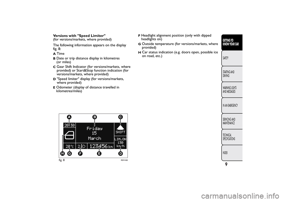 FIAT 500L LIVING 2014 2.G Owners Manual Versions with "Speed Limiter"
(for versions/markets, where provided)
The following information appears on the display
fig. 8:A
Time
BDate or trip distance display in kilometres
(or miles)C
Gear Shift 