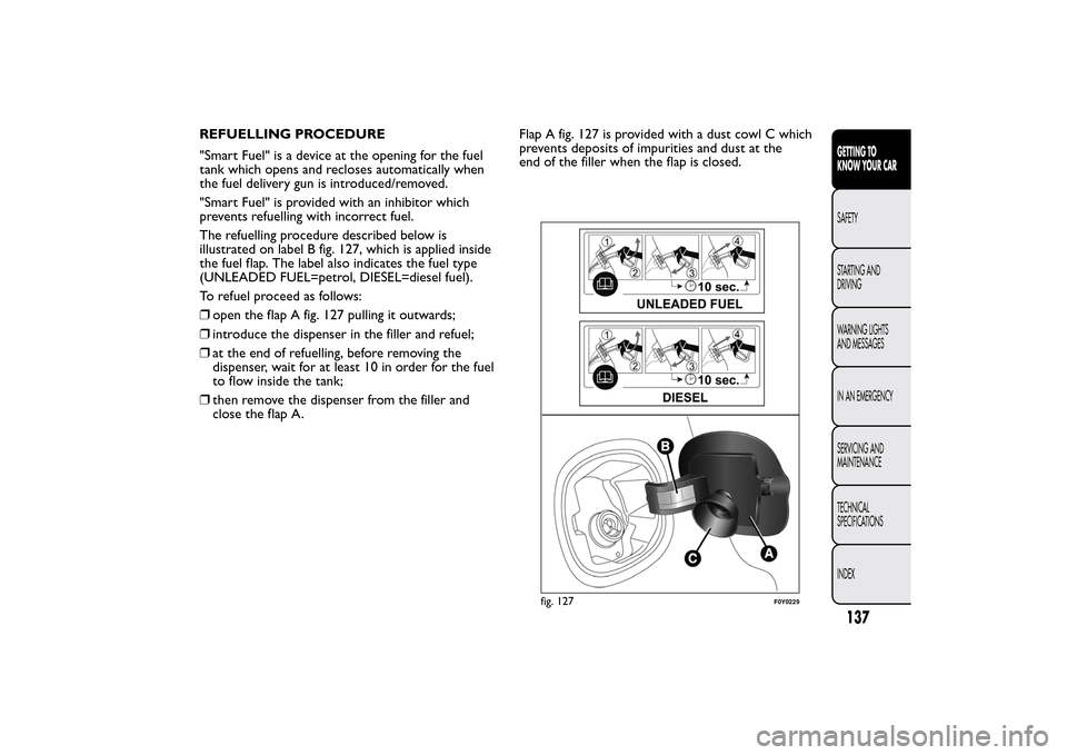 FIAT 500L LIVING 2014 2.G Owners Manual REFUELLING PROCEDURE
"Smart Fuel" is a device at the opening for the fuel
tank which opens and recloses automatically when
the fuel delivery gun is introduced/removed.
"Smart Fuel" is provided with an