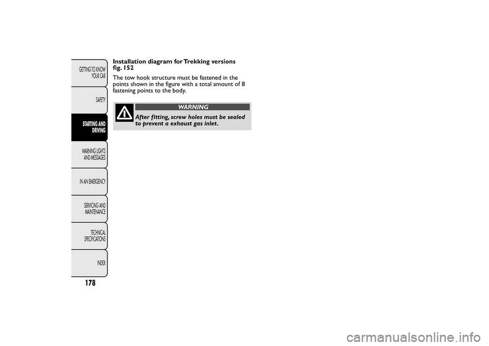 FIAT 500L LIVING 2014 2.G Owners Manual Installation diagram for Trekking versions
fig. 152
The tow hook structure must be fastened in the
points shown in the figure with a total amount of 8
fastening points to the body.
WARNING
After fitti