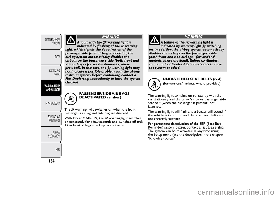 FIAT 500L LIVING 2014 2.G Owners Manual WARNING
Afaultwiththe
warning light is
indicated by flashing of the
warning
light , which signals the deactivation of the
passenger side front airbag. In addition, the
airbag system automatically disa