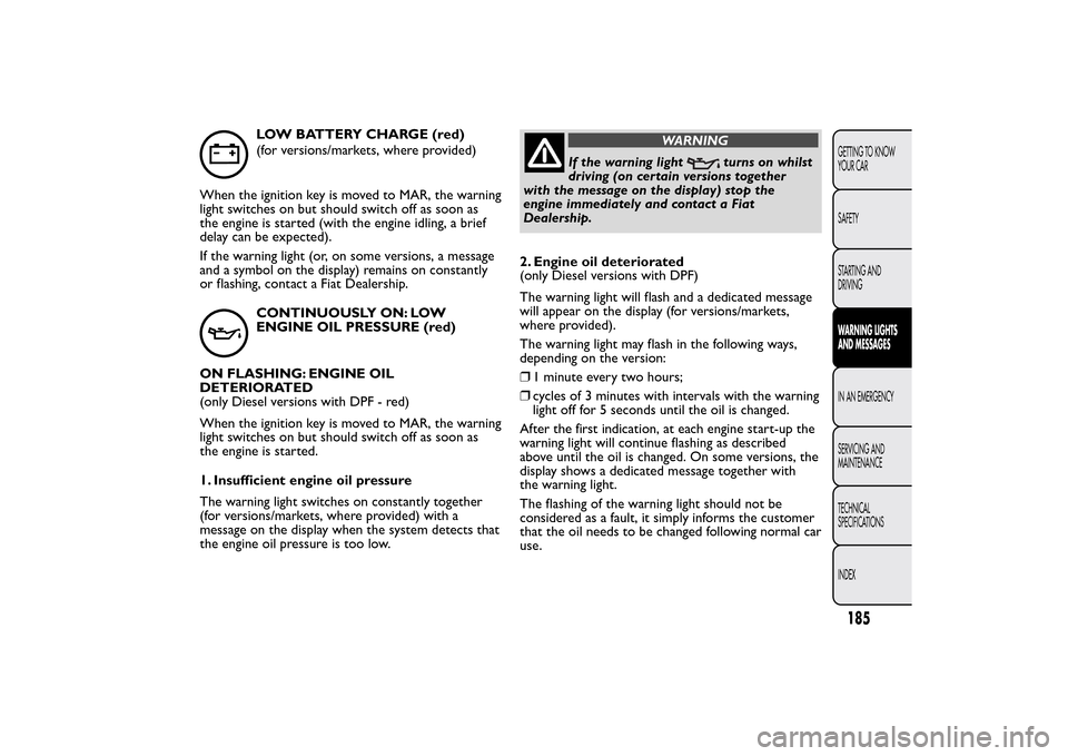 FIAT 500L LIVING 2014 2.G Owners Manual LOW BATTERY CHARGE (red)
(for versions/markets, where provided)
When the ignition key is moved to MAR, the warning
light switches on but should switch off as soon as
the engine is started (with the en FIAT 500L LIVING 2014 2.G Owners Manual LOW BATTERY CHARGE (red)
(for versions/markets, where provided)
When the ignition key is moved to MAR, the warning
light switches on but should switch off as soon as
the engine is started (with the en