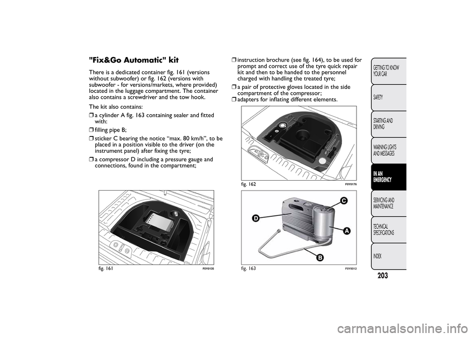 FIAT 500L LIVING 2014 2.G Owners Manual "Fix&Go Automatic" kitThere is a dedicated container fig. 161 (versions
without subwoofer) or fig. 162 (versions with
subwoofer - for versions/markets, where provided)
located in the luggage compartme