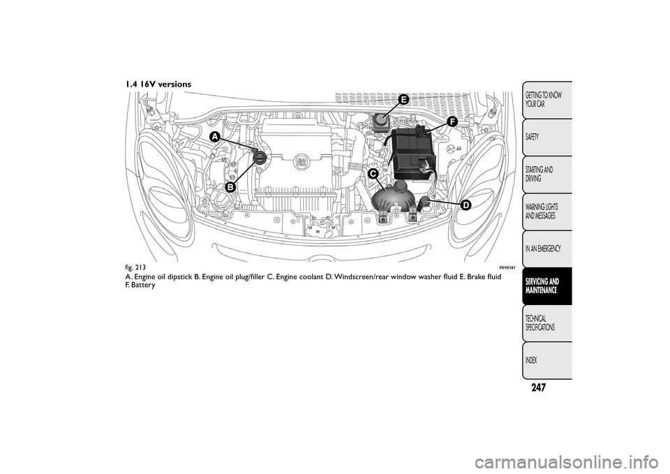 FIAT 500L LIVING 2014 2.G Owners Guide 1.4 16V versionsA. Engine oil dipstick B. Engine oil plug/filler C. Engine coolant D. Windscreen/rear window washer fluid E. Brake fluid
F. Batteryfig. 213
F0Y0181
247GETTING TO KNOW
YOUR CAR
SAFETY
S