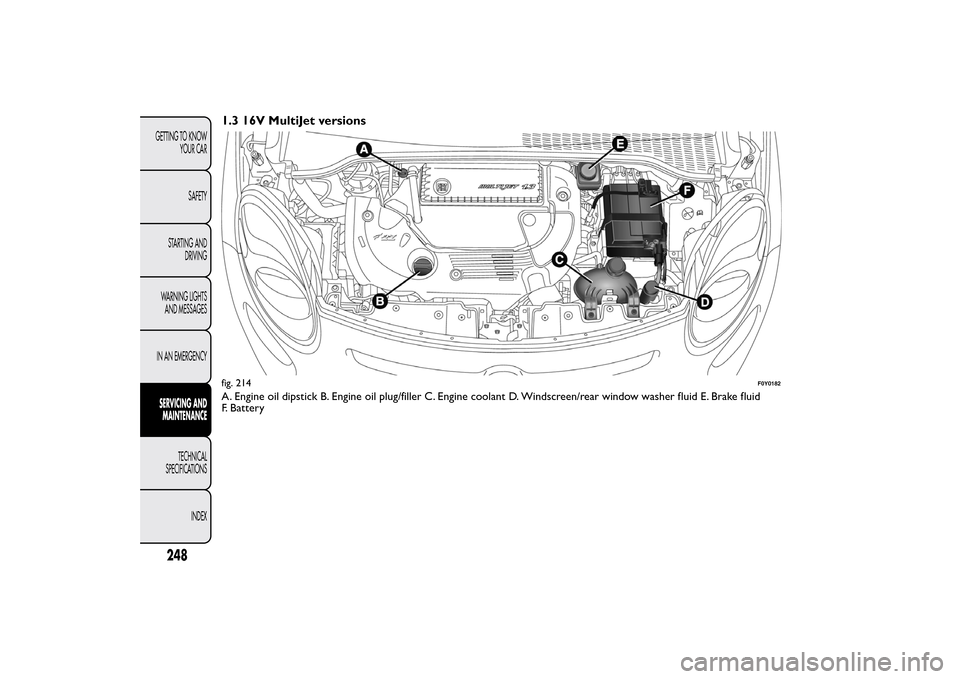 FIAT 500L LIVING 2014 2.G Owners Guide 1.3 16V MultiJet versionsA. Engine oil dipstick B. Engine oil plug/filler C. Engine coolant D. Windscreen/rear window washer fluid E. Brake fluid
F. Batteryfig. 214
F0Y0182
248GETTING TO KNOW
YOUR CAR